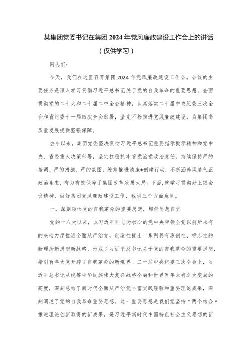 某集团党委书记在集团2024年党风廉政建设工作会上的讲话.docx