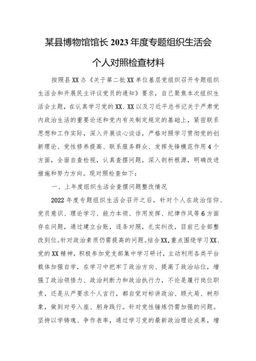 某县博物馆馆长2023专题组织生活会个人对照检查材料.docx