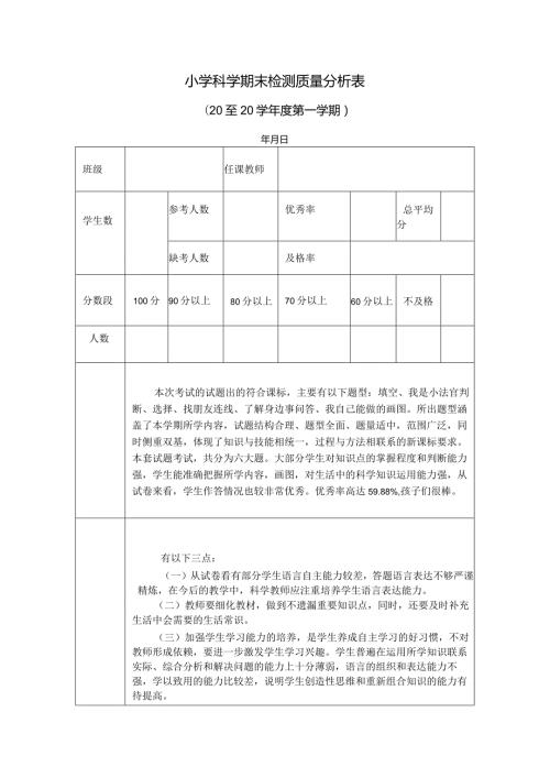 小学科学期末检测质量分析表.docx