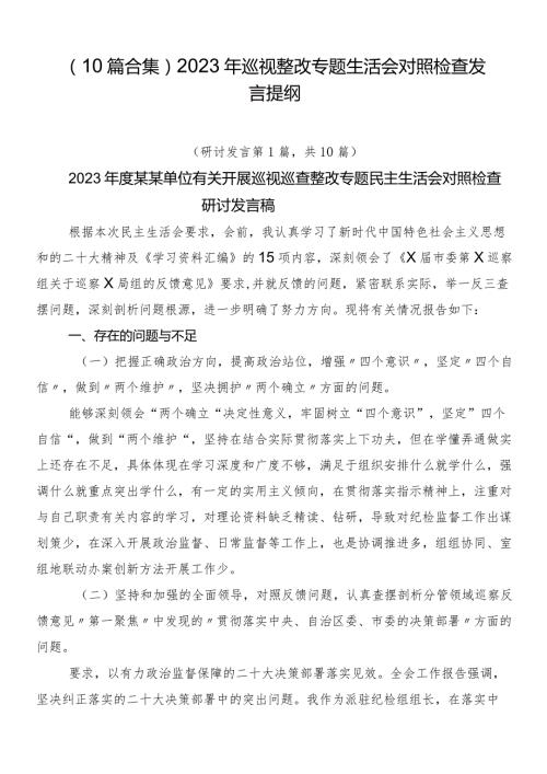 （10篇合集）2023年巡视整改专题生活会对照检查发言提纲.docx