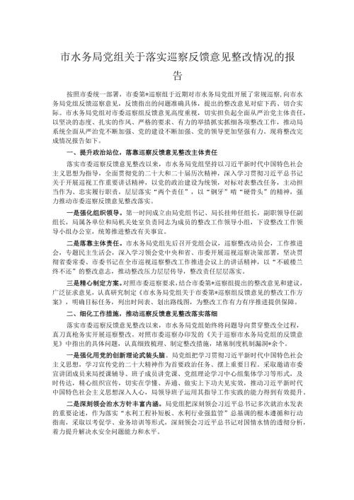 市水务局党组关于落实巡察反馈意见整改情况的报告(1).docx