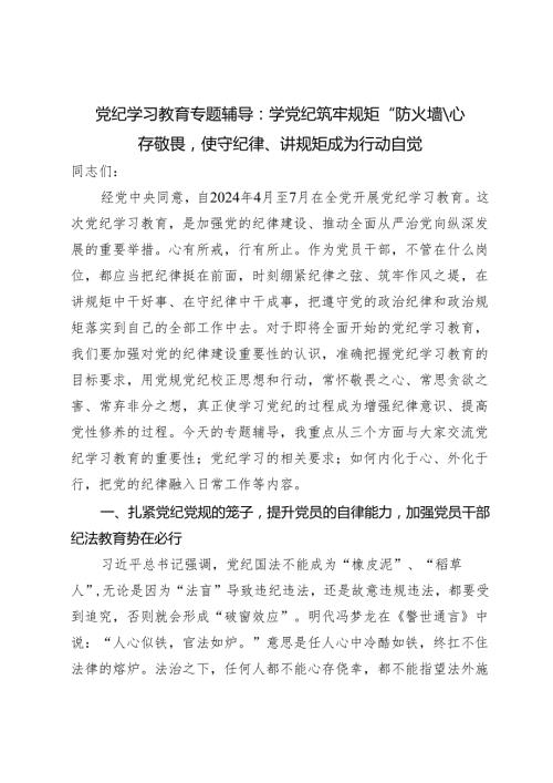 2024党纪学习教育专题辅导党课：学党纪筑牢规矩“防火墙”心存敬畏使守纪律、讲规矩成为行动自觉.docx