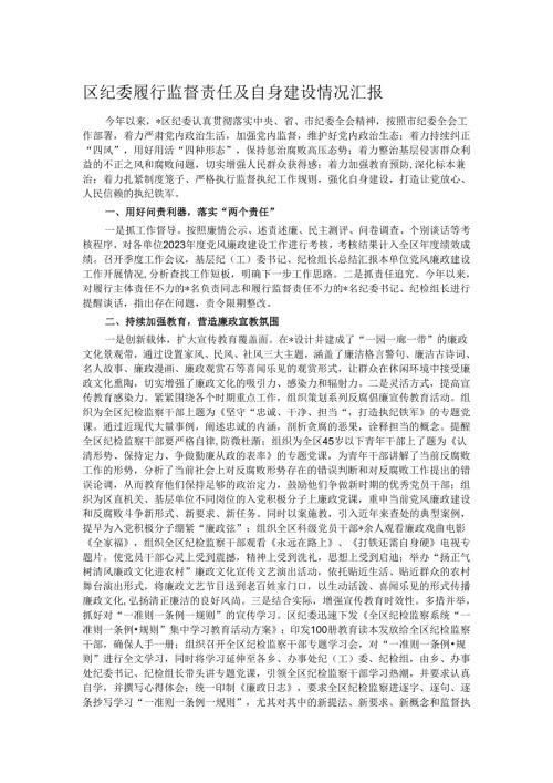 区纪委履行监督责任及自身建设情况汇报.docx