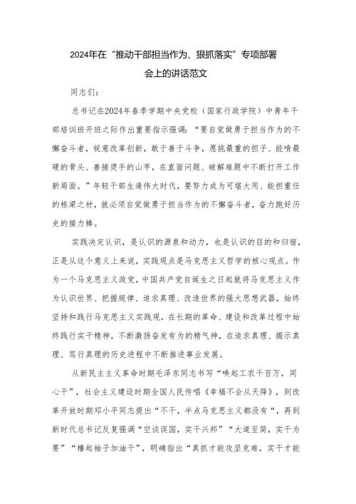 2024年在“推动干部担当作为、狠抓落实”专项部署会上的讲话范文.docx