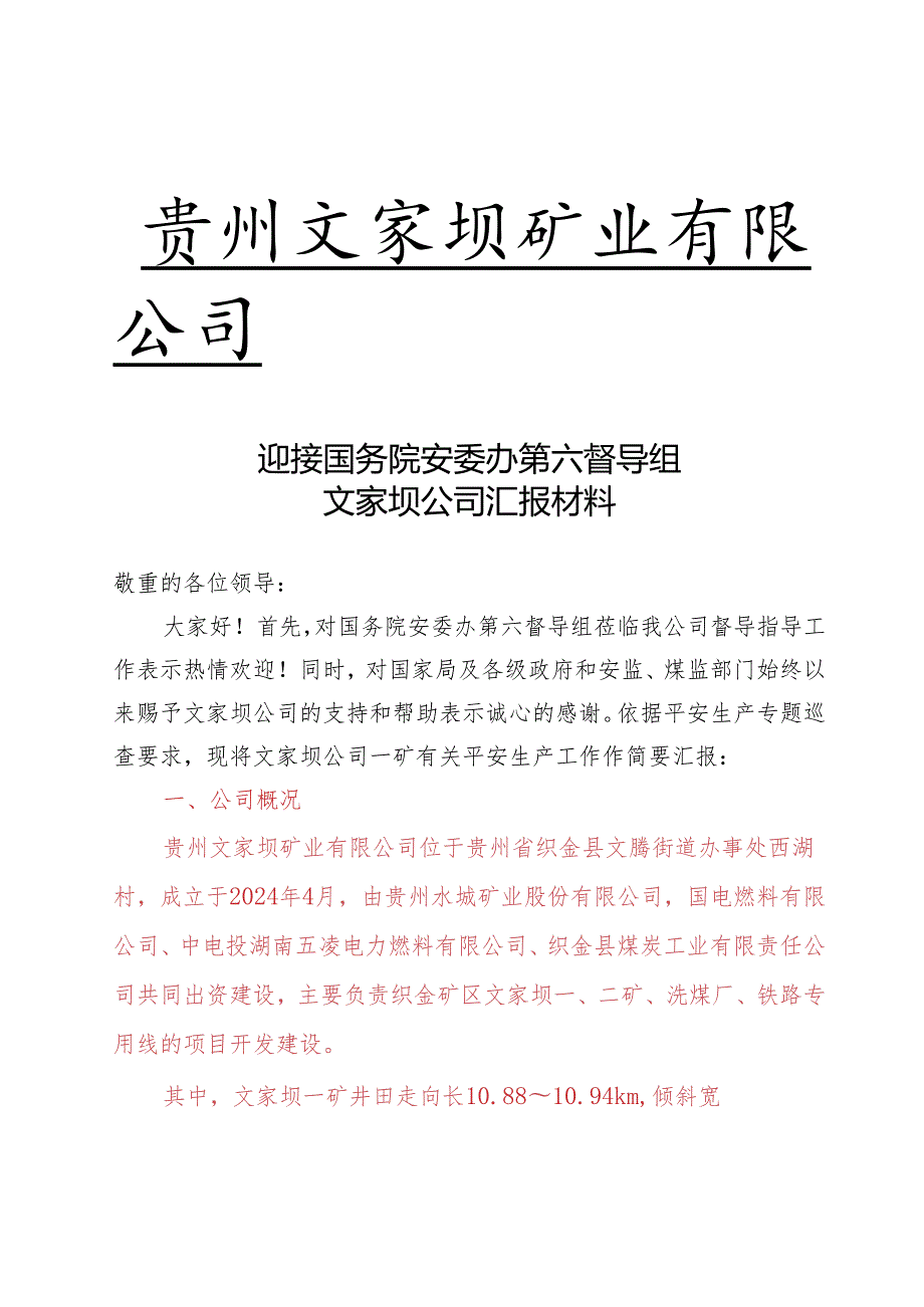 迎接国务院安委办第六督导组文家坝公司汇报材料2024.8.10.word.docx_第1页