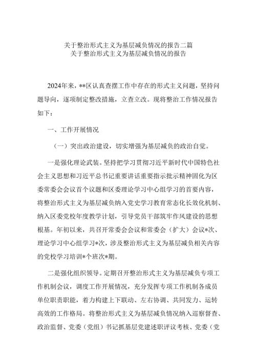 关于整治形式主义为基层减负情况的报告二篇.docx