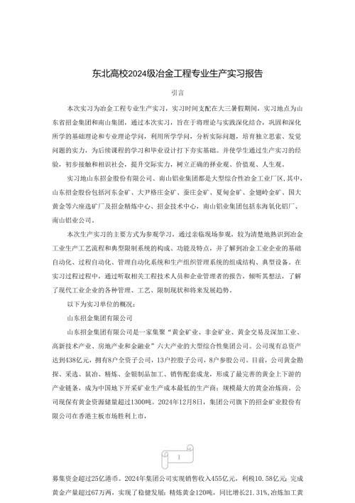 东北大学2024级冶金工程专业生产实习报告(有色冶金).docx