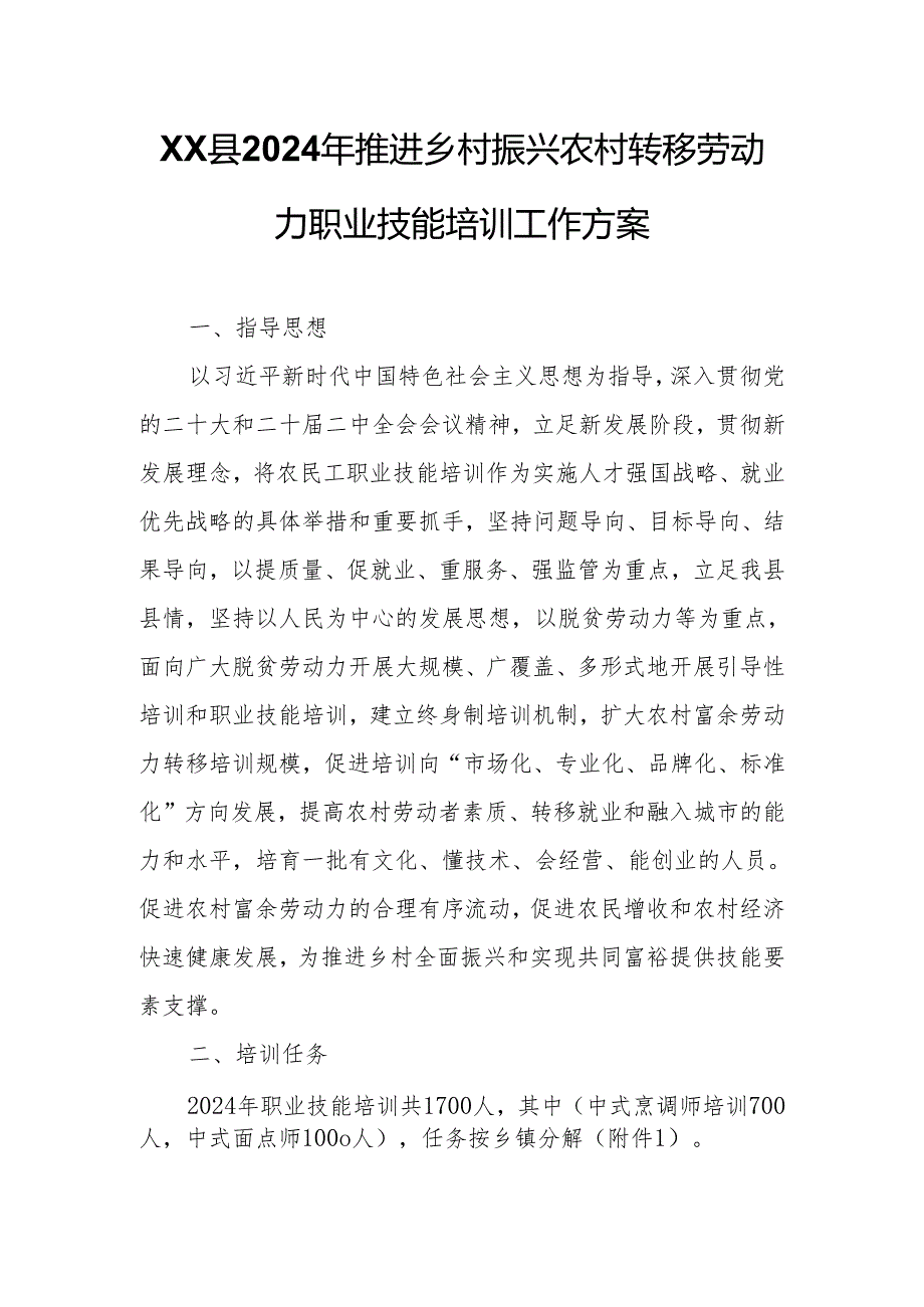 XX县2024年推进乡村振兴农村转移劳动力职业技能培训工作方案.docx_第1页