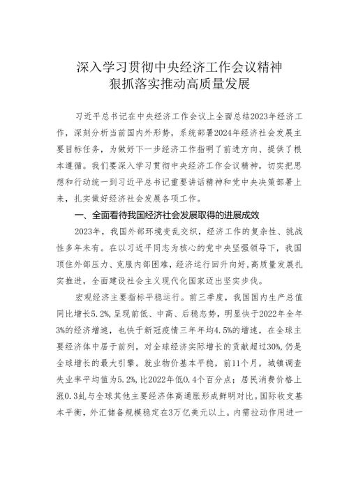 深入学习贯彻中央经济工作会议精神狠抓落实推动高质量发展.docx