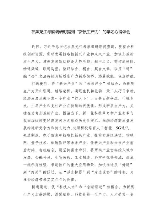 (六篇)在黑龙江考察调研时提到“新质生产力”的学习心得体会详细.docx