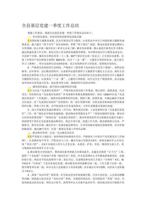 全县基层党建一季度工作总结.docx