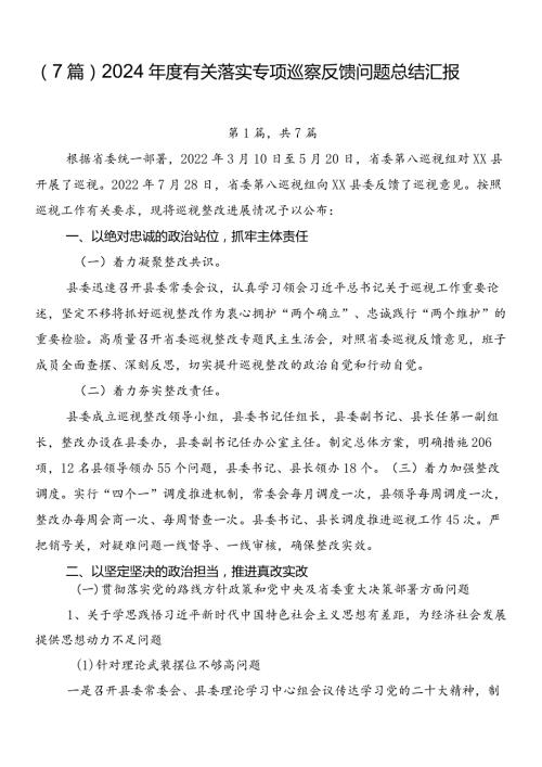 （7篇）2024有关落实专项巡察反馈问题总结汇报.docx