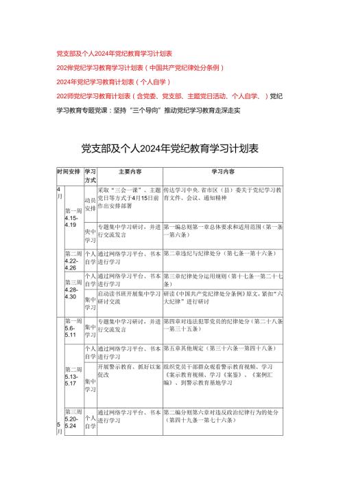 5篇 2024年党支部及个人开展党纪教育学习计划表格(含中国共产党纪律处分条例、党委、党支部、主题党日活动、个人自学、).docx