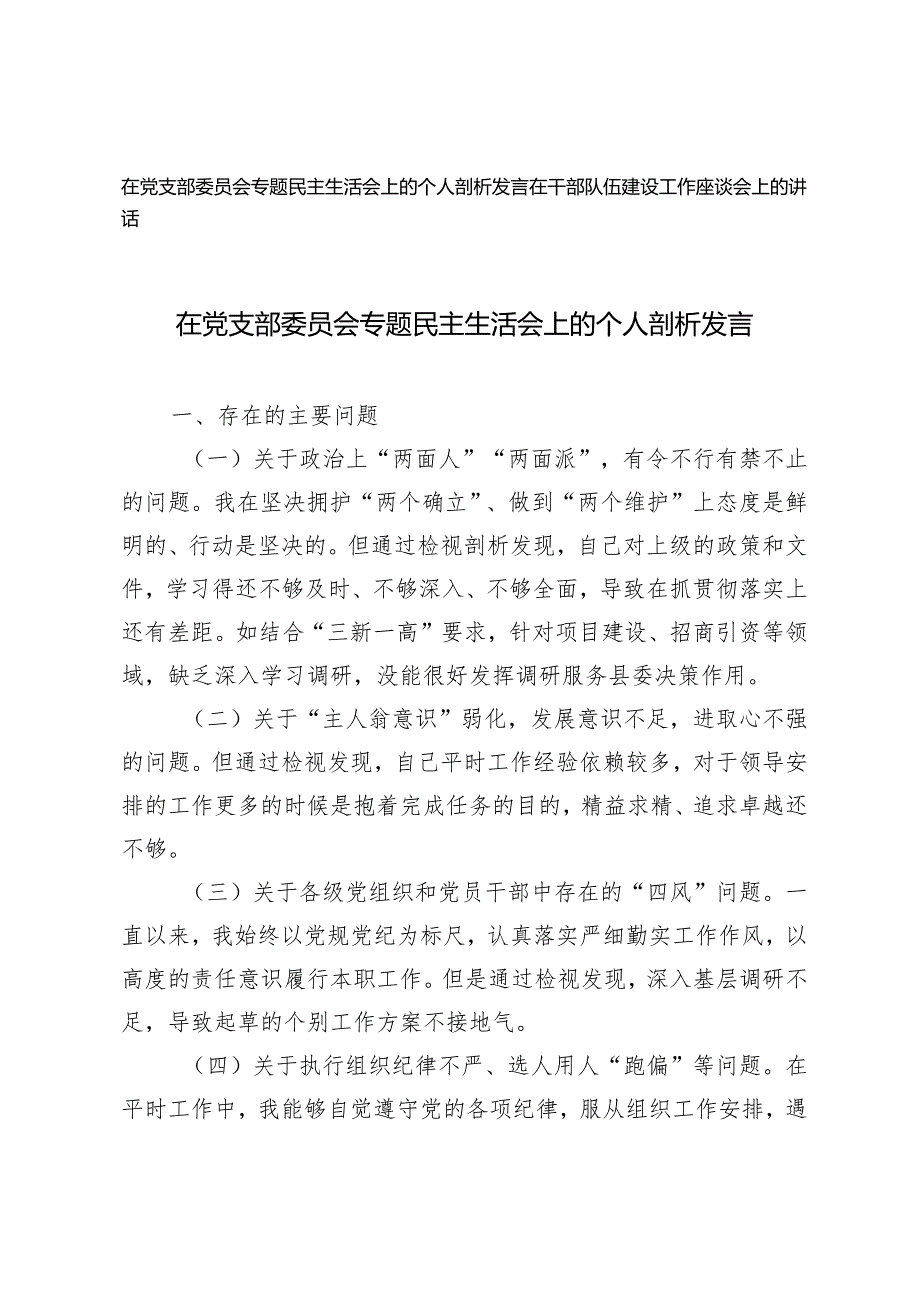 2024年在党支部委员会专题民主生活会上的个人剖析发言、在干部队伍建设工作座谈会上的讲话2篇.docx_第1页