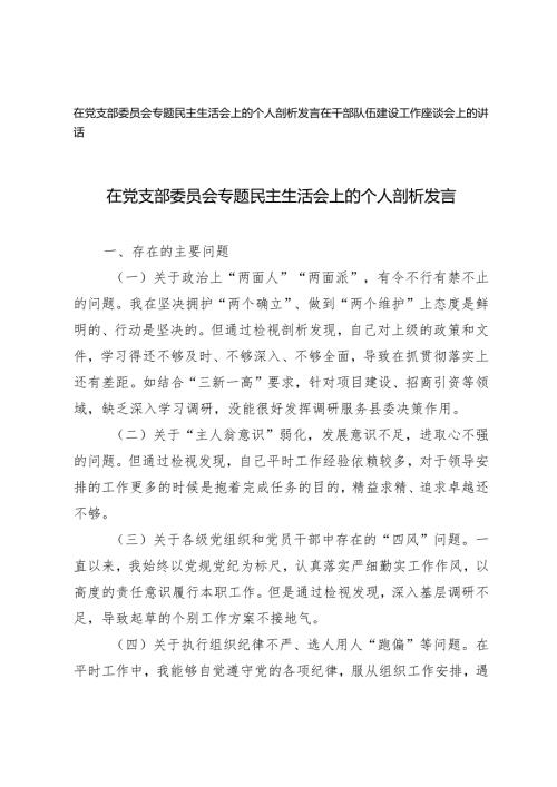 2024年在党支部委员会专题民主生活会上的个人剖析发言、在干部队伍建设工作座谈会上的讲话2篇.docx