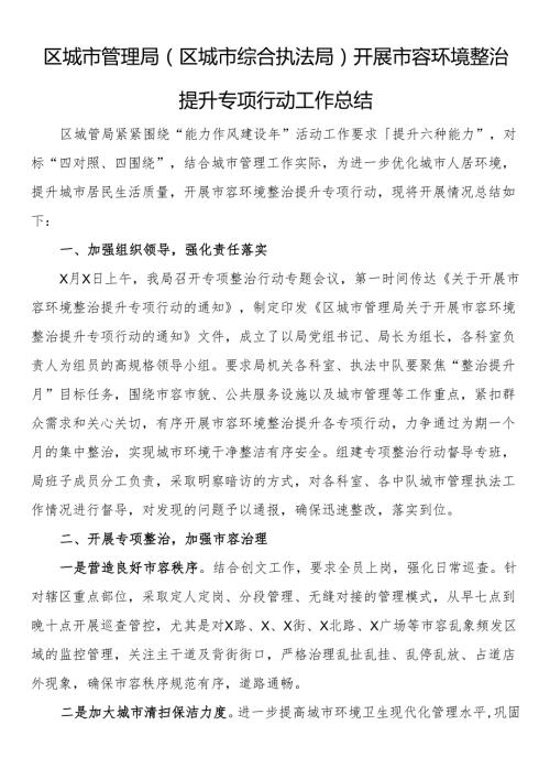 区城市管理局（区城市综合执法局）开展市容环境整治提升专项行动工作总结(1).docx