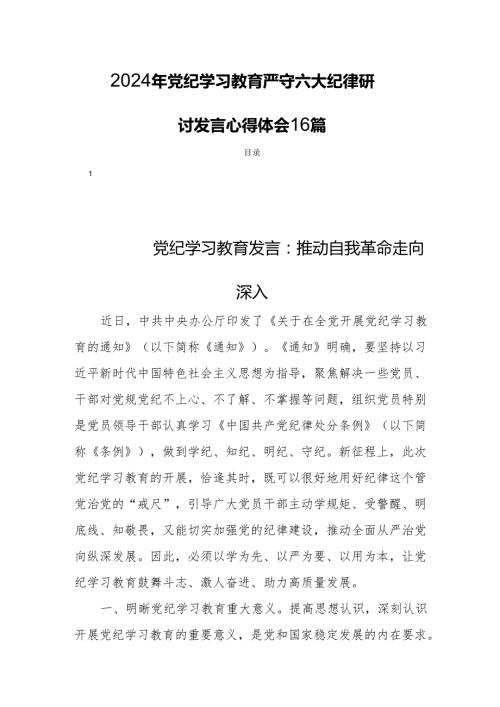 2024年党纪学习教育严守六大纪律研讨发言心得体会16篇.docx