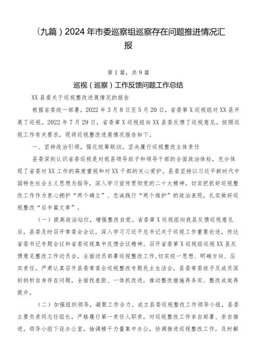 （九篇）2024年市委巡察组巡察存在问题推进情况汇报.docx