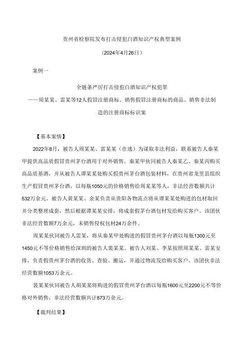 贵州省检察院发布打击侵犯白酒知识产权典型案例.docx
