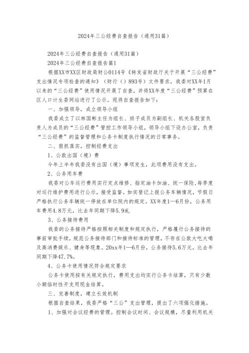 2024年三公经费自查报告（通用31篇）.docx