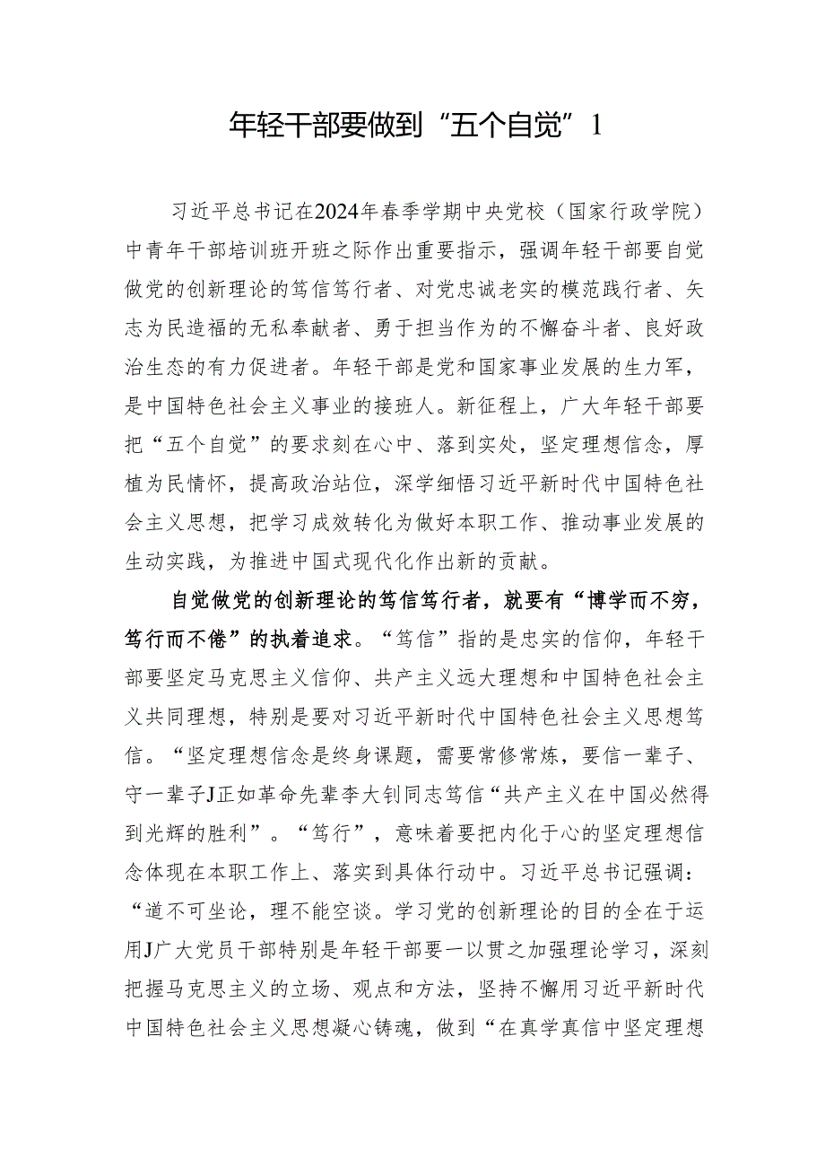年轻干部青年党员践行“五个自觉”研讨发言心得体会5篇.docx_第1页