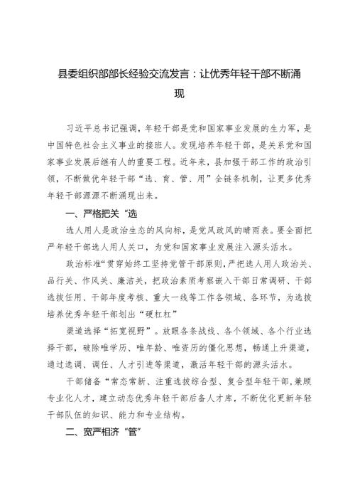 2024年县委组织部部长经验交流发言：让优秀年轻干部不断涌现.docx