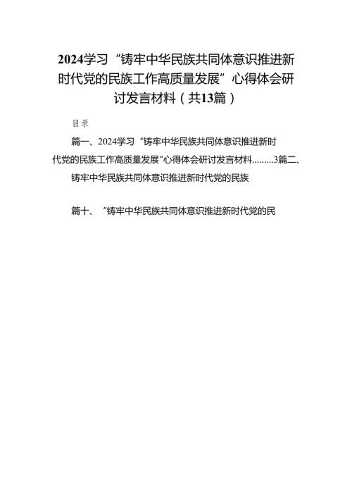 学习“铸牢中华民族共同体意识推进新时代党的民族工作高质量发展”心得体会研讨发言材料13篇（完整版）.docx