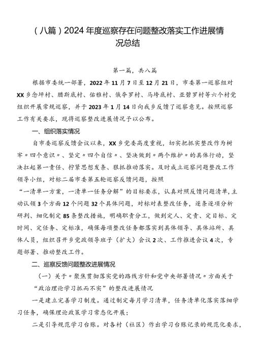 （八篇）2024巡察存在问题整改落实工作进展情况总结.docx