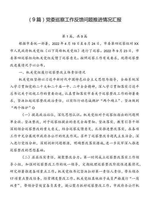 （9篇）党委巡察工作反馈问题推进情况汇报.docx