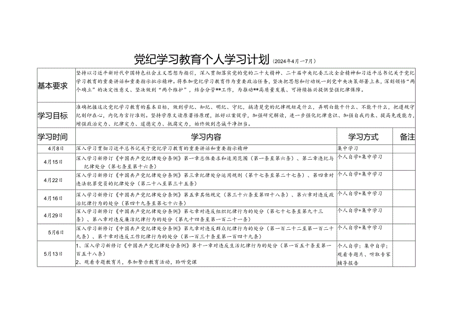 2024年47月党纪学习教育个人学习计划表3份.docx_第2页