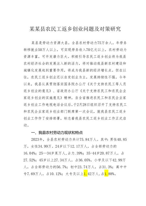 某某县农民工返乡创业问题及对策研究.docx