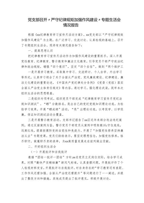 党支部召开“严守纪律规矩加强作风建设”专题生活会情况报告.docx