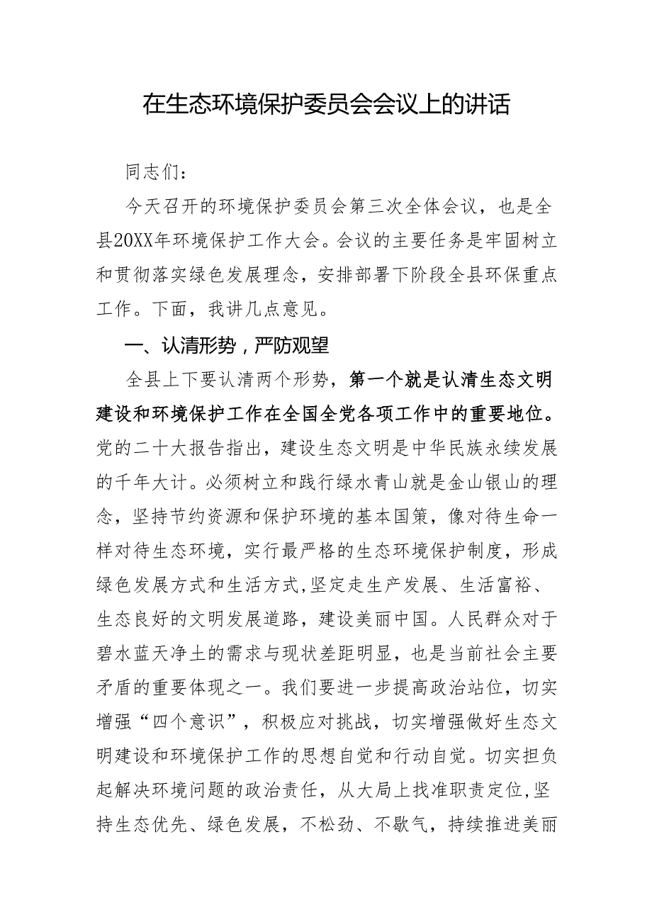 在生态环境保护委员会会议上的讲话稿.docx_第1页