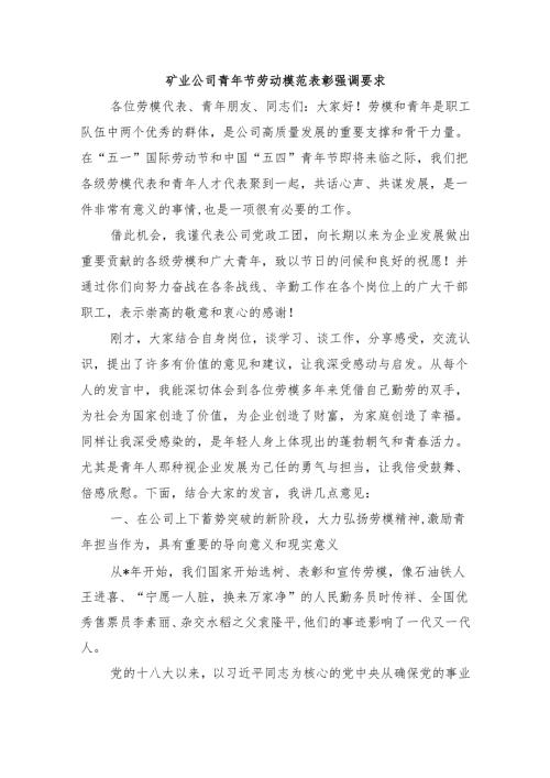 矿业公司青年节劳动模范表彰强调要求.docx