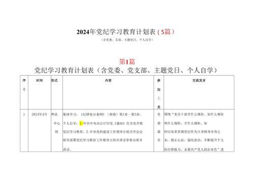 某支部党纪学习教育学习计划安排表格五篇合集.docx