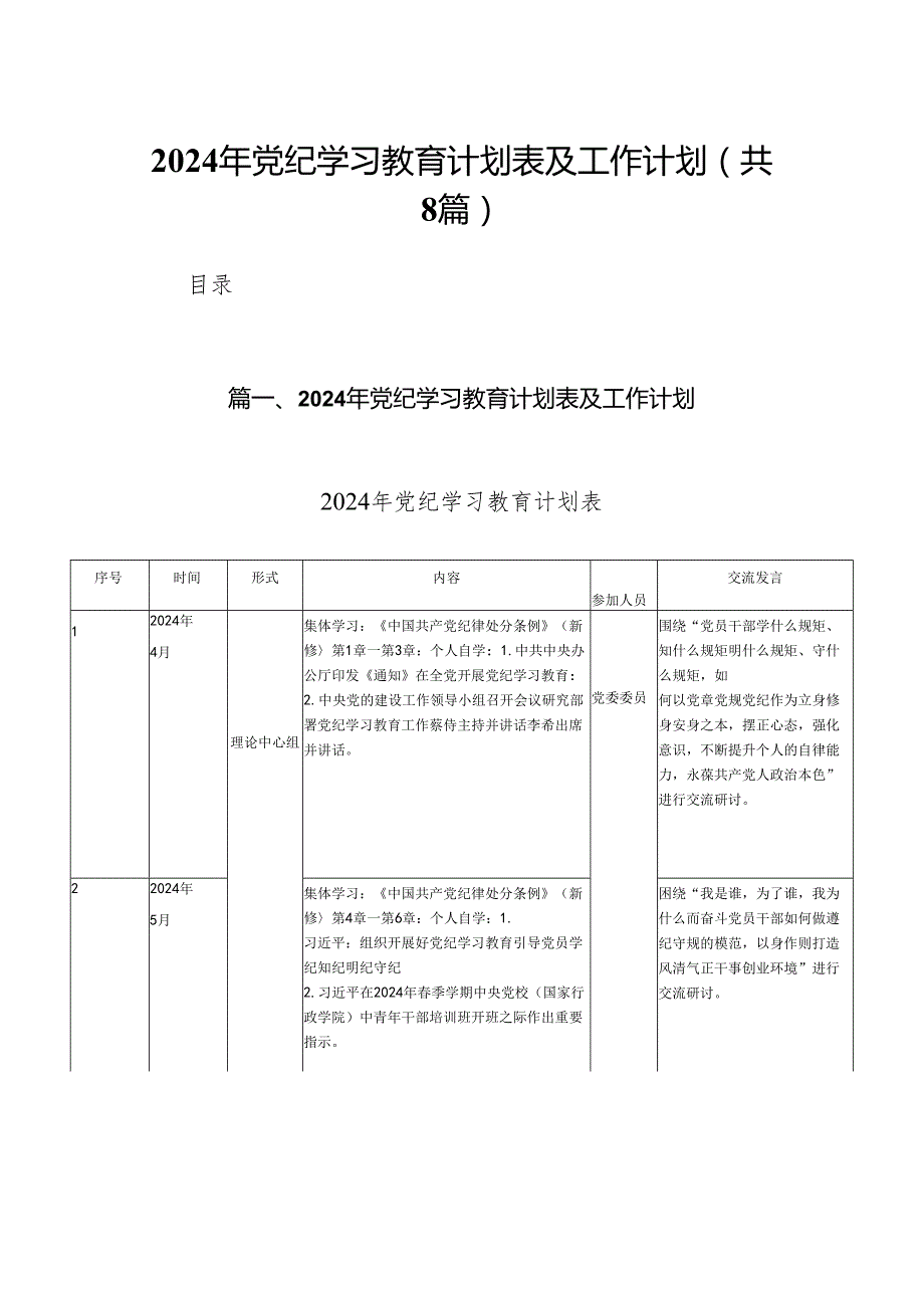 2024年党纪学习教育计划表及工作计划(8篇合集).docx_第1页