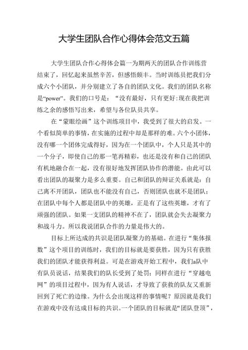 大学生团队合作心得体会范文五篇.docx