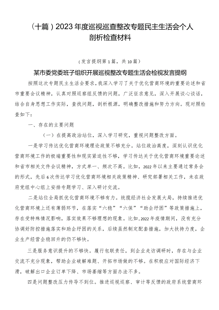 （十篇）2023巡视巡查整改专题民主生活会个人剖析检查材料.docx_第1页