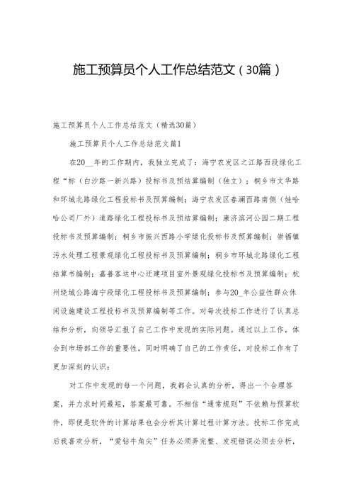 施工预算员个人工作总结范文（30篇）.docx