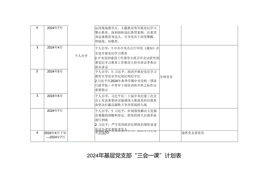 2024年党纪学习教育计划表(含党委、党支部、主题党日活动、个人自学、)（附基层党支部“三会一课”计划表、党支部主题党日活动计划表）3篇.docx_第3页