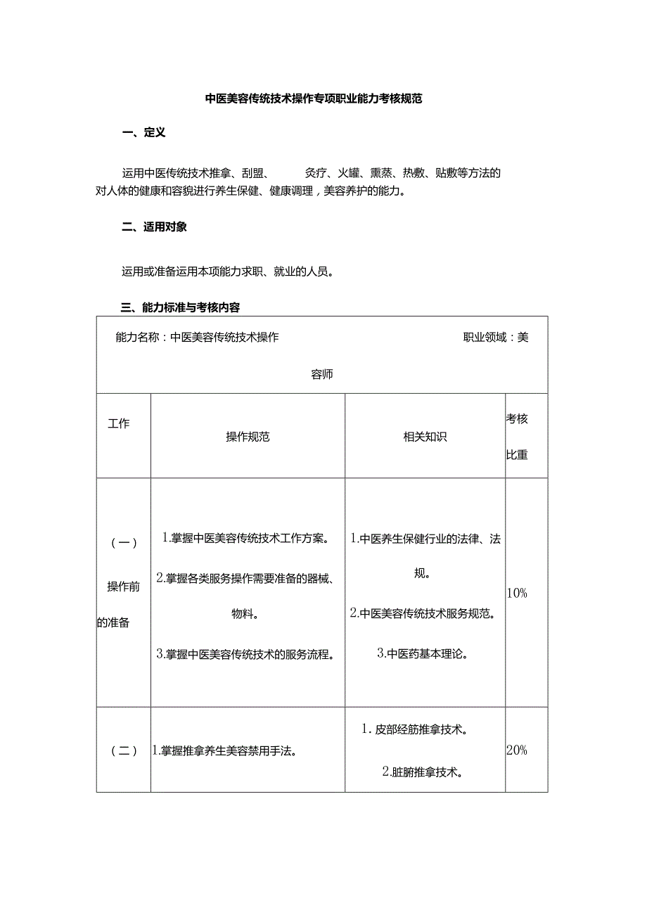 中医美容传统技术操作、光电美容操作、医疗美容咨询专项职业能力考核规范.docx_第1页