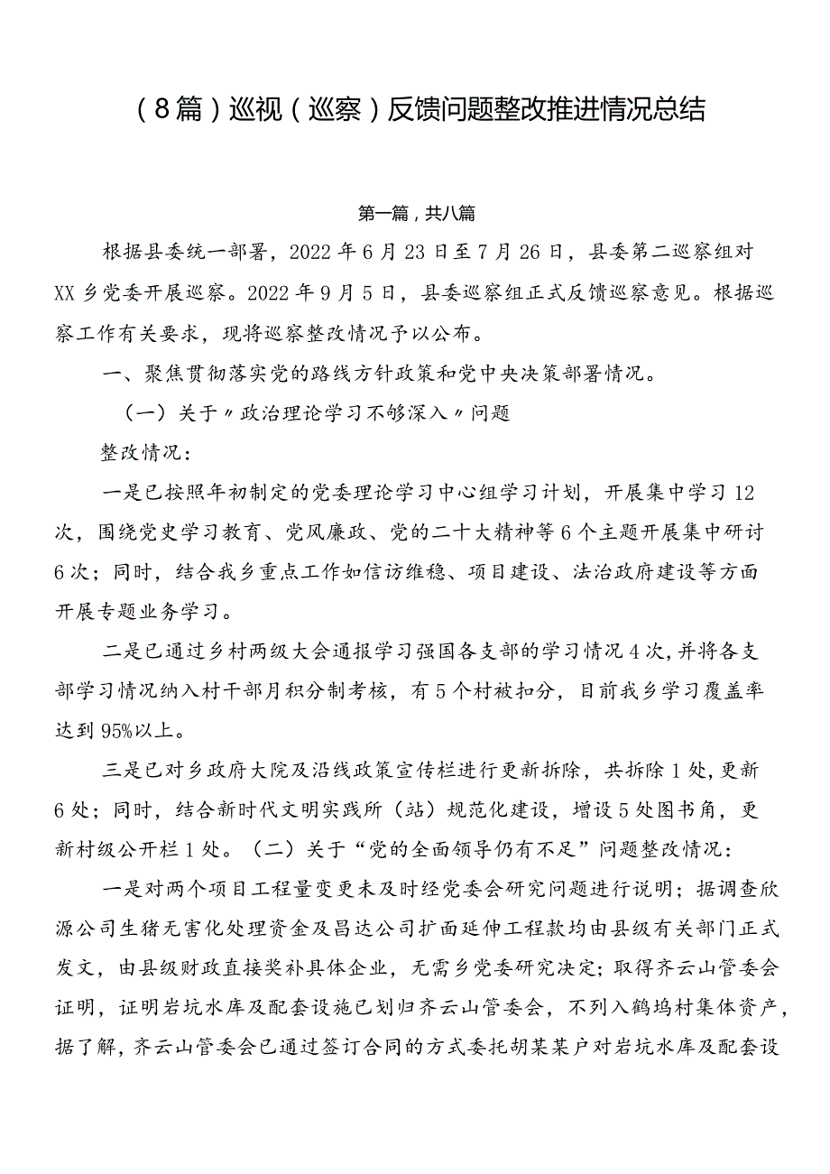 （8篇）巡视（巡察）反馈问题整改推进情况总结.docx_第1页