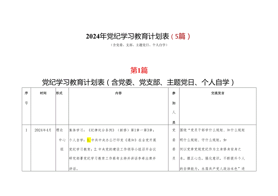 2024年党纪学习教育学习计划表（含《中国共产党纪律处分条例》）多篇合集.docx_第1页