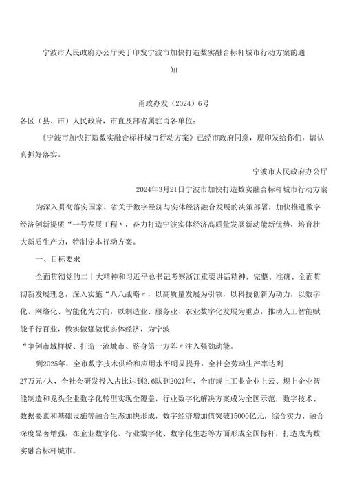 宁波市人民政府办公厅关于印发宁波市加快打造数实融合标杆城市行动方案的通知.docx