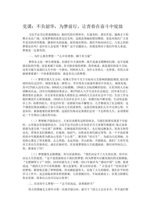党课：不负韶华为梦前行让青在奋斗中绽放.docx
