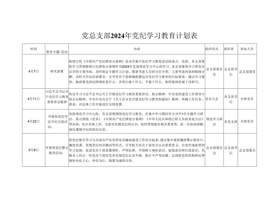 2024年党纪学习教育学习计划表（含《中国共产党纪律处分条例》）资料合集.docx_第1页