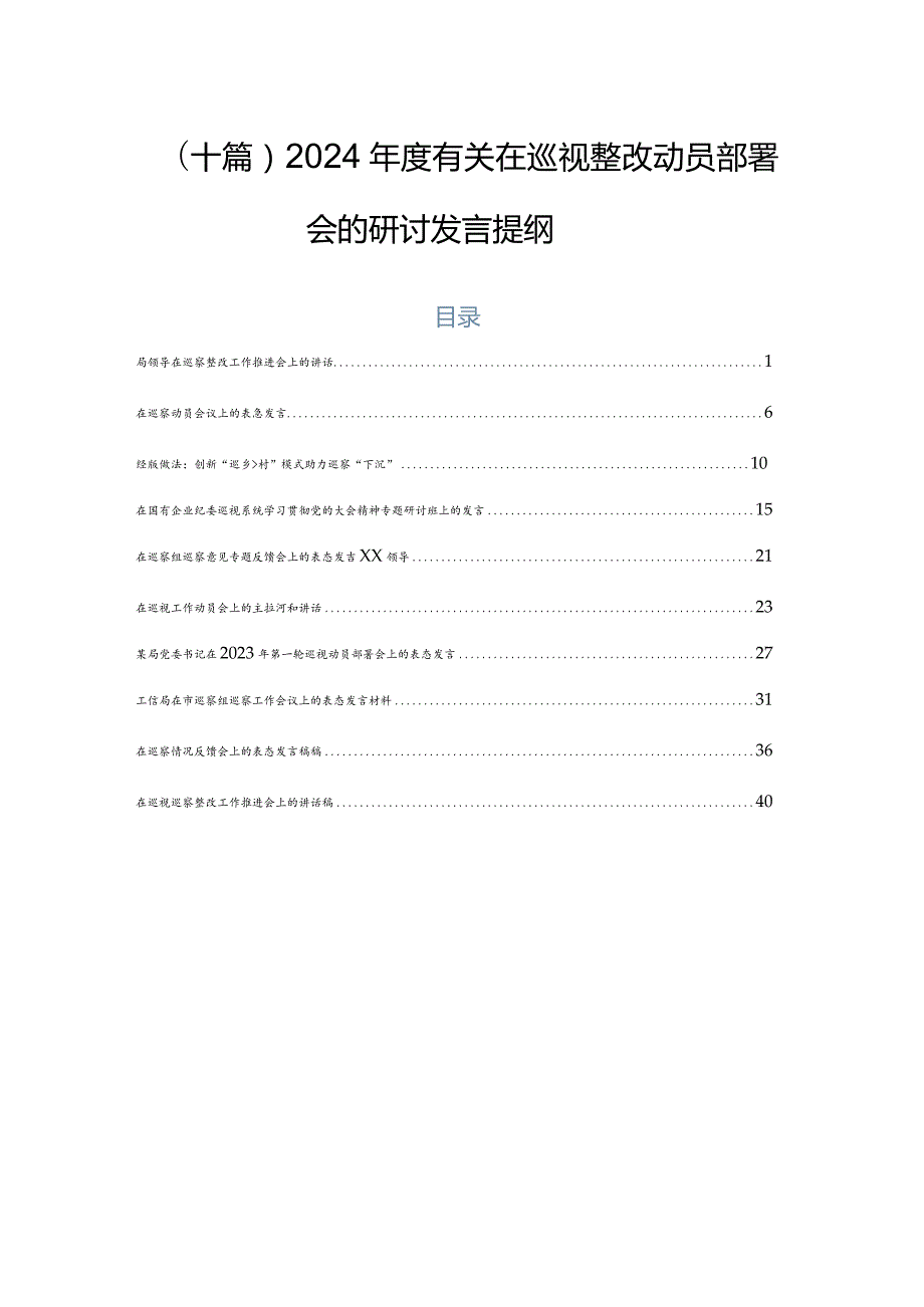 （十篇）2024有关在巡视整改动员部署会的研讨发言提纲.docx_第1页