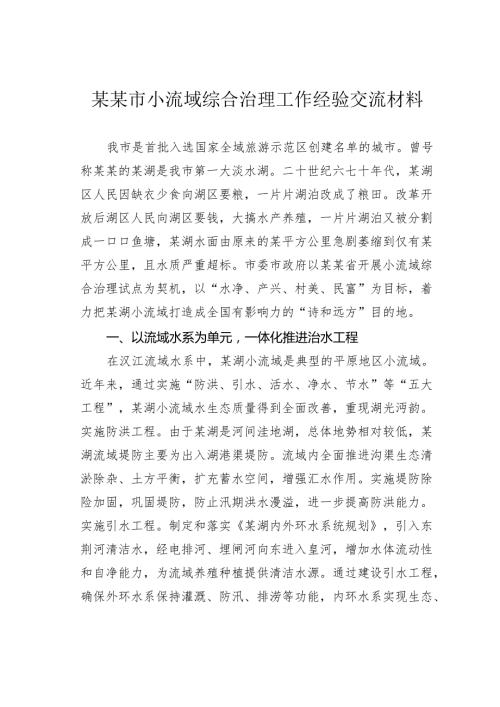 某某市小流域综合治理工作经验交流材料.docx