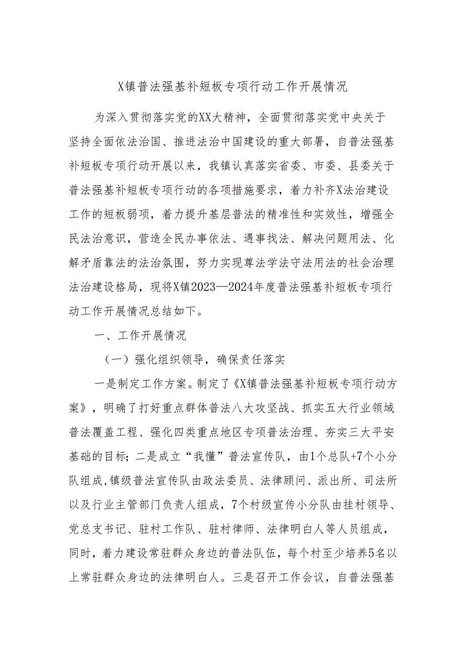 X镇普法强基补短板专项行动工作开展情况.docx_第1页