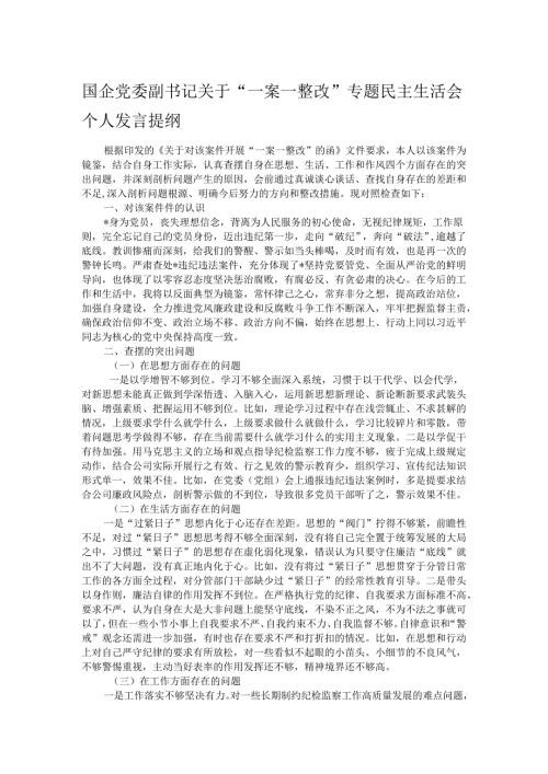 国企党委副书记关于“一案一整改”专题民主生活会个人发言提纲.docx